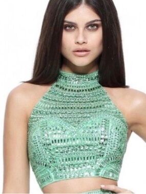 💚 Sherri Hill Green Embellished Beaded Halter Crop Top 💚
